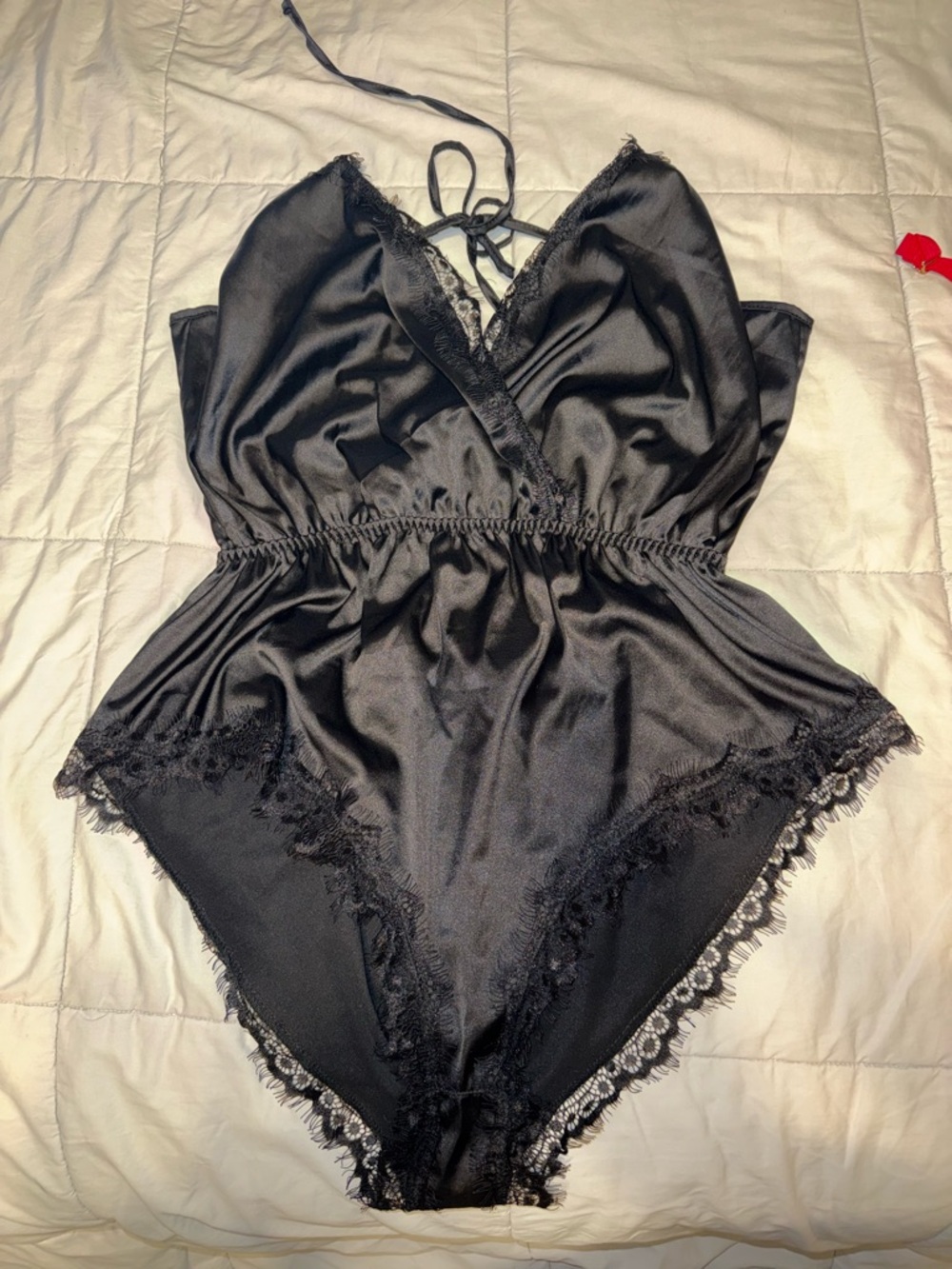 SHEIN Black Satin Lace-Trim Teddy Bodysuit